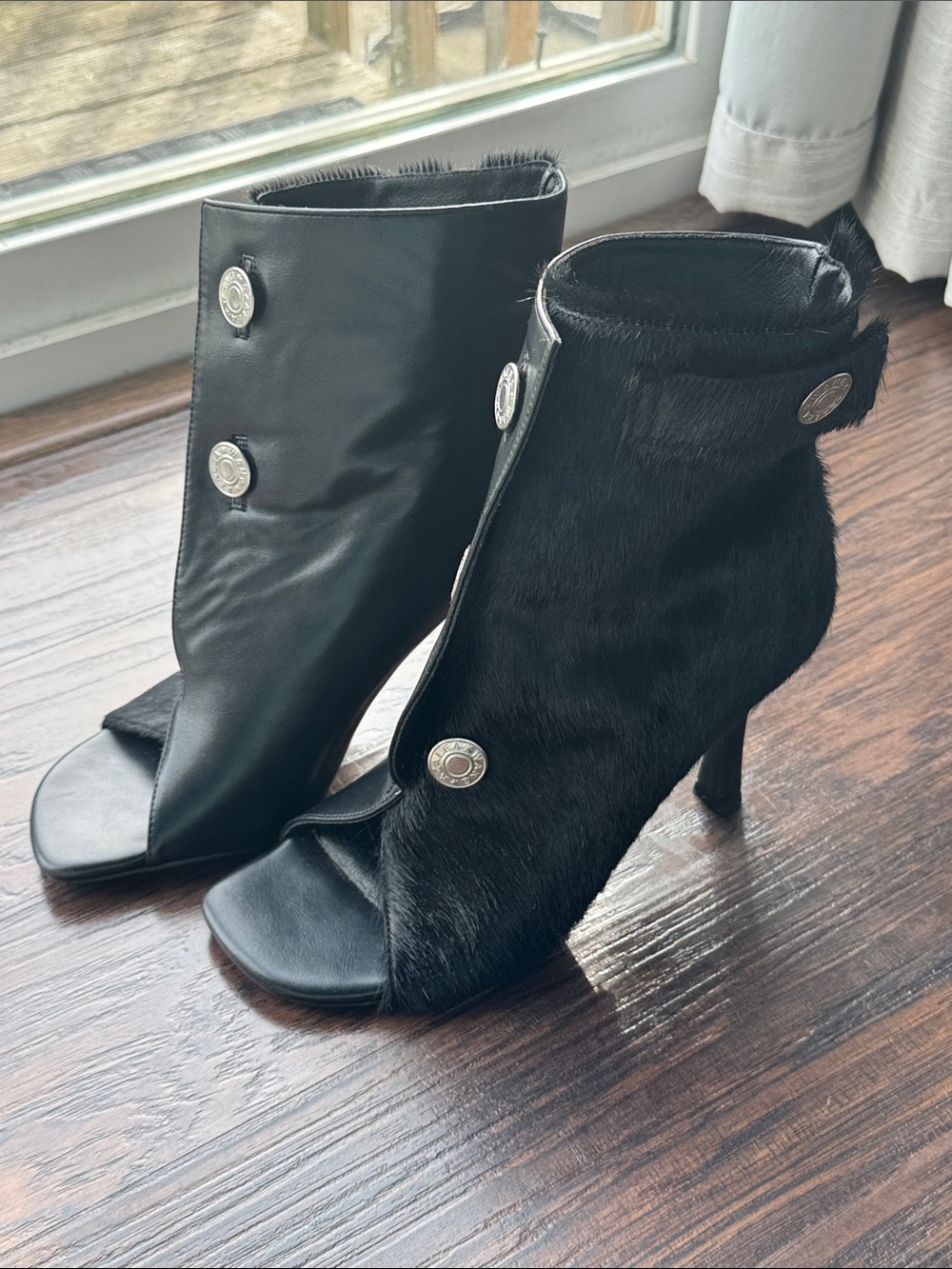 Black Open-Toe Ankle Heels with Button Detail